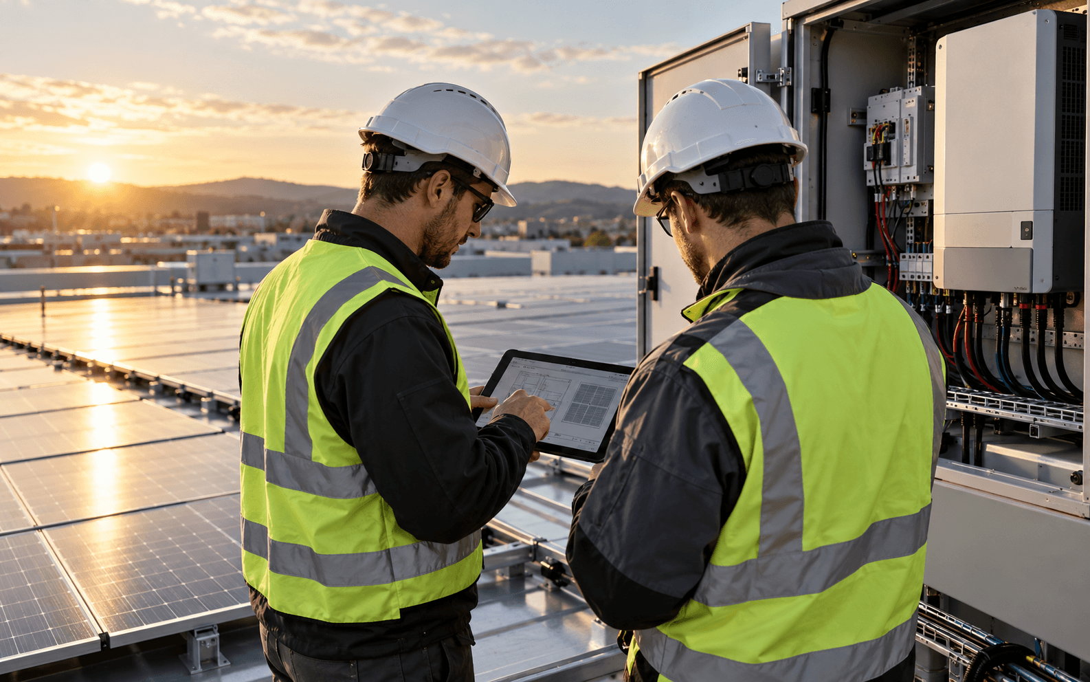 Instaladores revisando un sistema solar en un rooftop